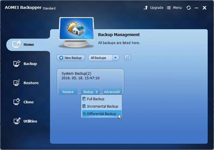 AOMEI Backupper teljes, növekményes, különbség