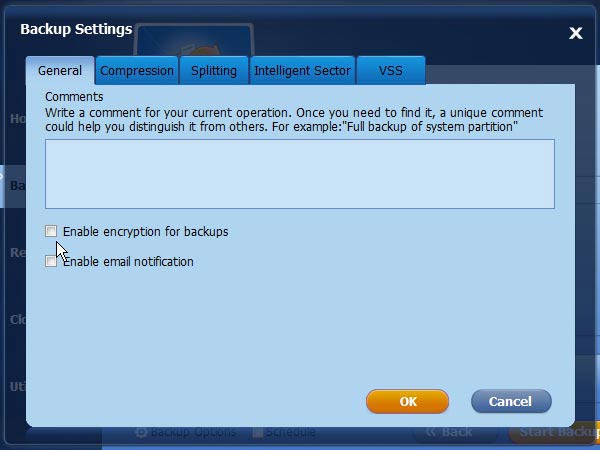 AOMEI Backupper beállítások, titkosított mentés