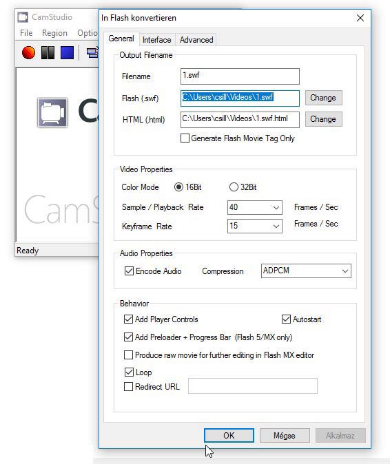 Camstudio swf beállítások