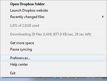 Dropbox menü