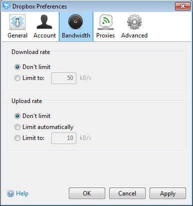 Dropbox sávszélesség
