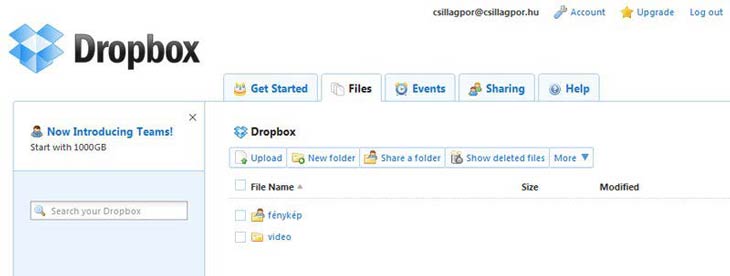 Dropbox webes felület