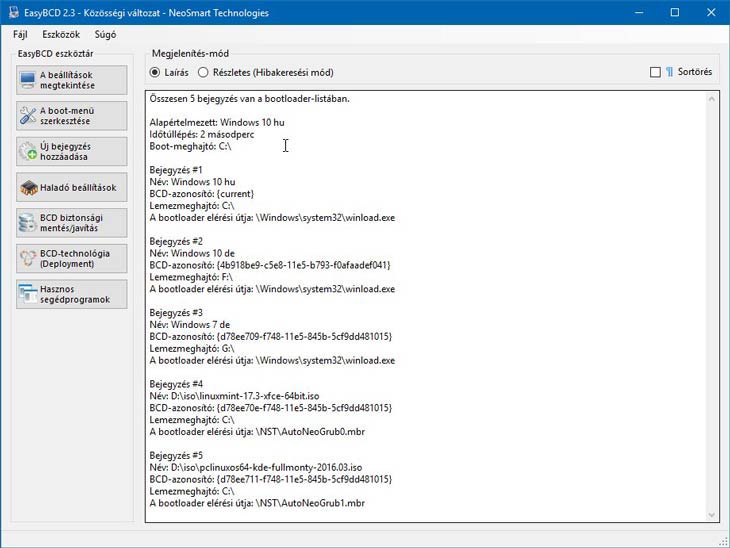 EasyBCD a jelenlegi menü