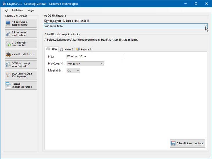 EasyBCD haladó beállítások