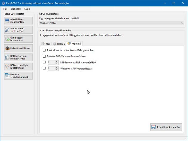 EasyBCD fejlesztő mód