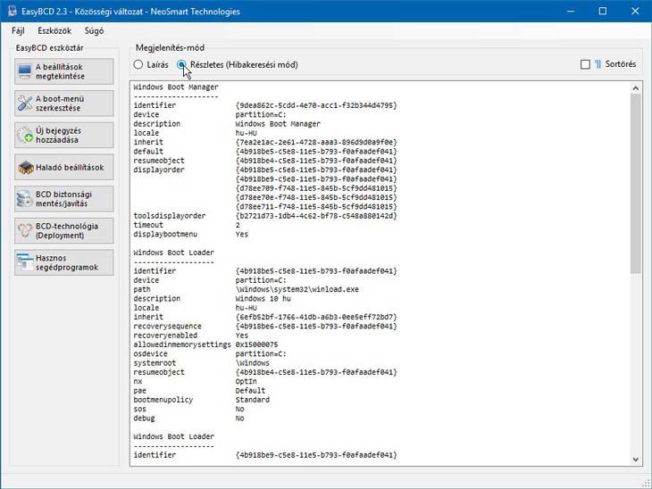 EasyBCD hibakeresés mód
