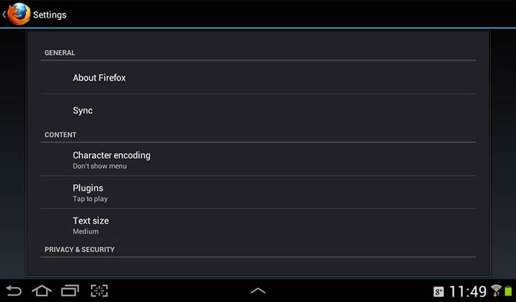 Firefox for Android beállítások
