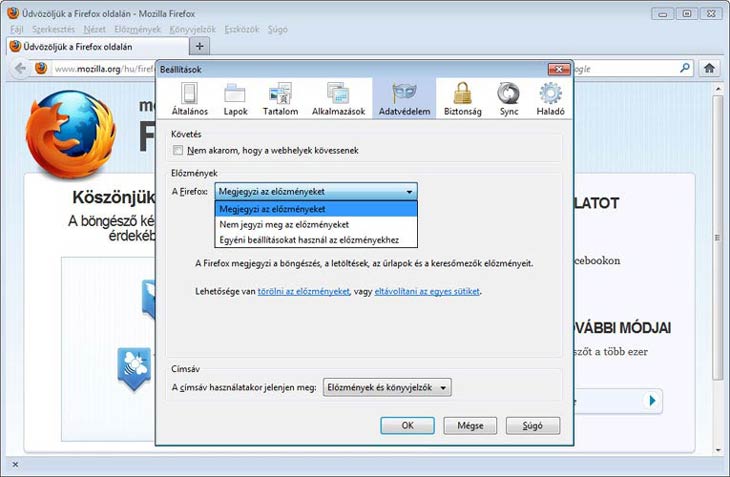 Firefox adatvédelmi beállítások