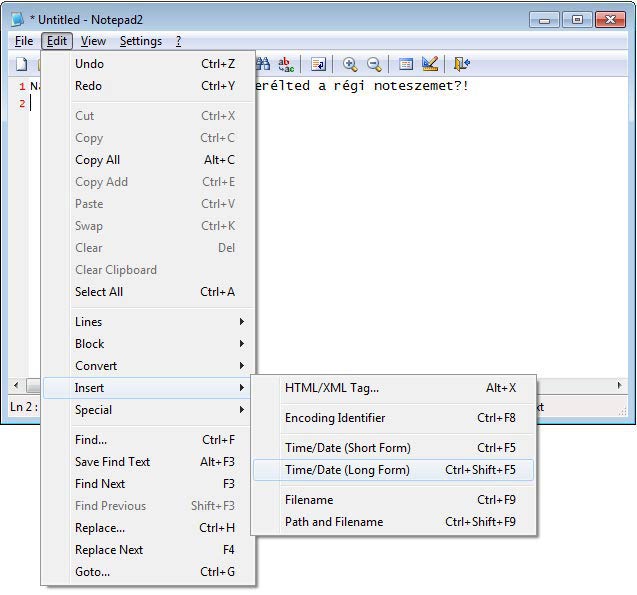 Notepad2 beszúrás
