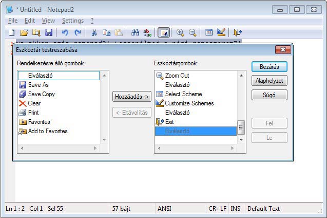 Notepad2 eszköztár