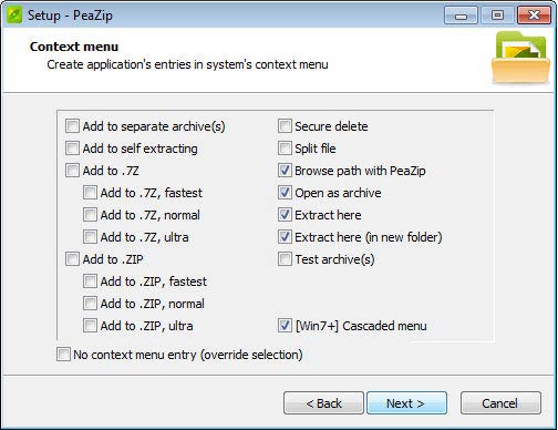 PeaZip menü beállítás