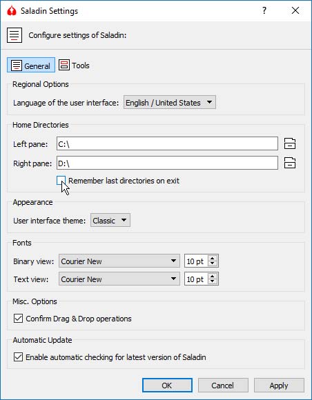 Saladin fájlkezelő panel beállítások