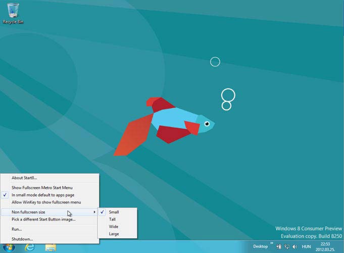 Start8 beállító menü