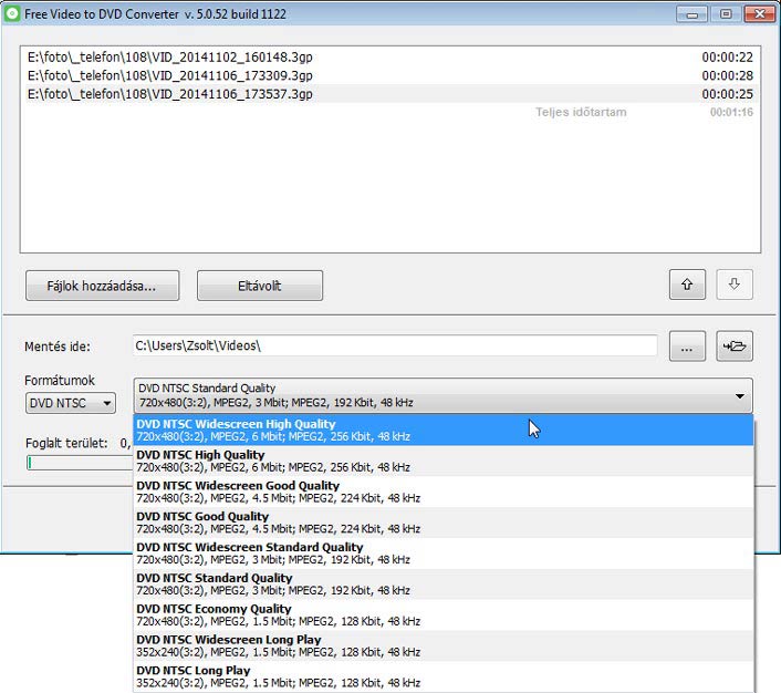 Free Video to DVD Converter minőség és felbontás