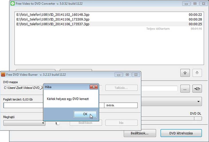 Free Video to DVD Converter nincsen DVD-m