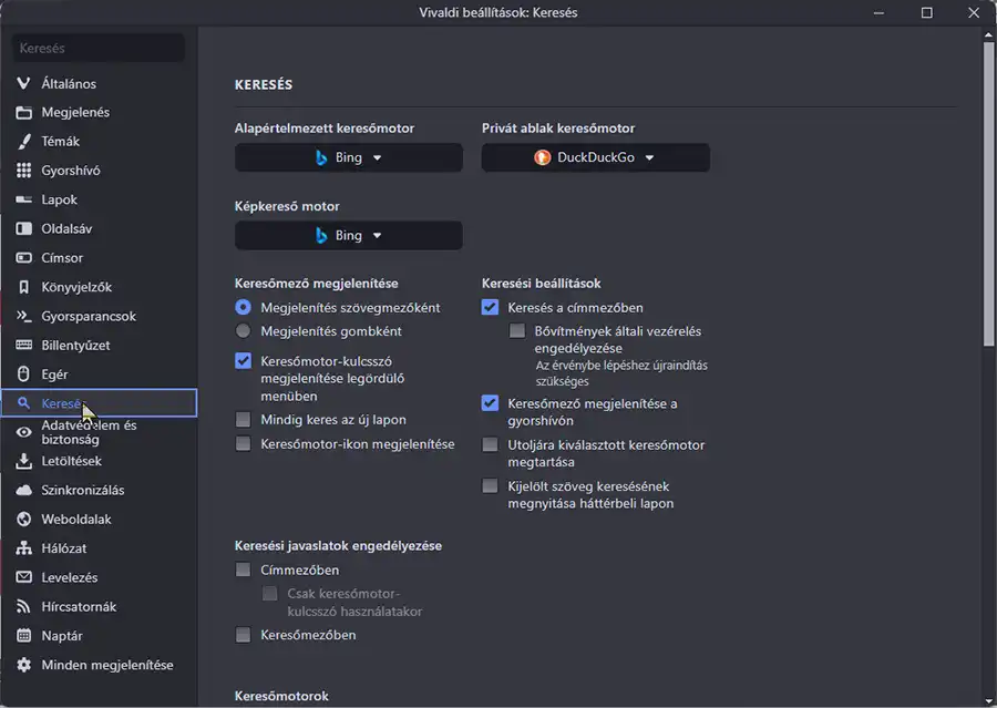 keresők a Vivaldiban