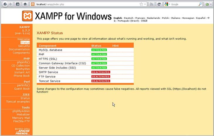 XAMPP Admin felület