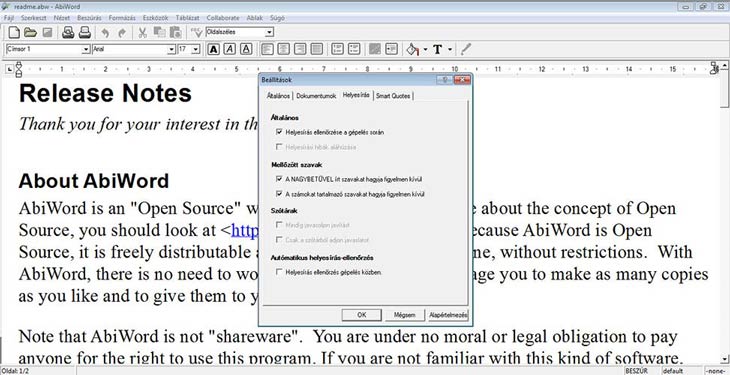 AbiWord helyesírás