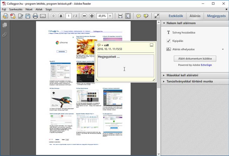 Adobe Reader megjegyzések