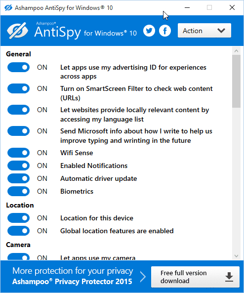 Ashampoo AntiSpy for Windows 10 alapértelmezés