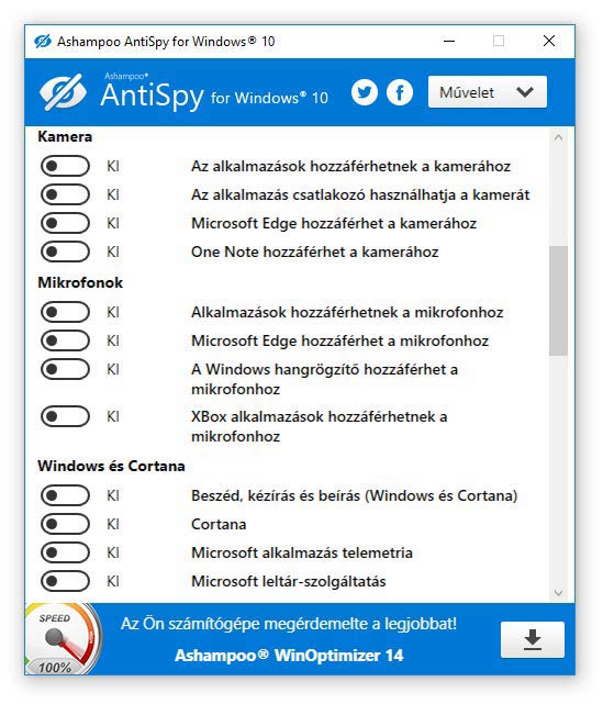 Ashampoo AntiSpy for Windows 10 minden beállítás kikapcsolása