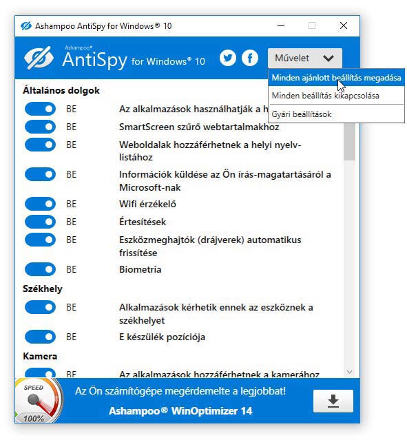 Ashampoo AntiSpy for Windows 10 műveletek