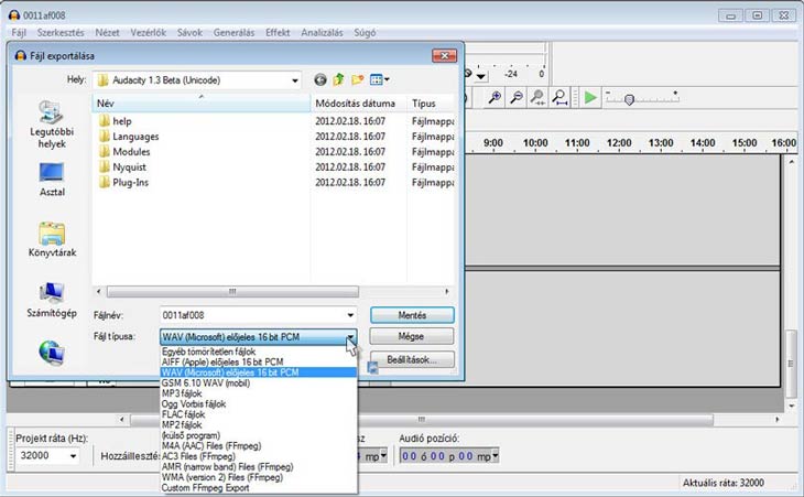 Audacity exportálás