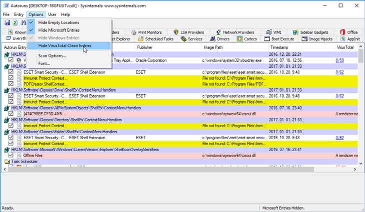 Autoruns Windows elrejtés