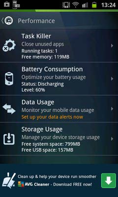 AVG Antivirus Free for Android töltöttség, használat