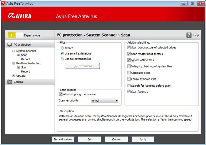 Avira Free Antivirus - vírus keresés beállítások