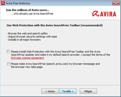 Avira Free Antivirus - ezeket ne telepítsük