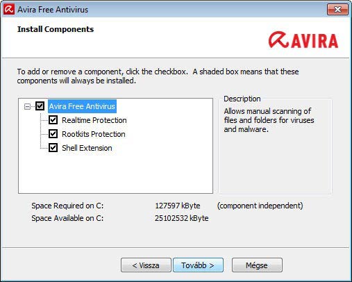 Avira Free Antivirus - összetevők
