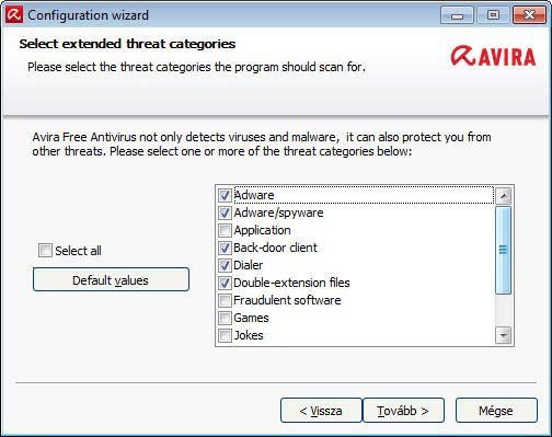 Avira Free Antivirus - kategóriák