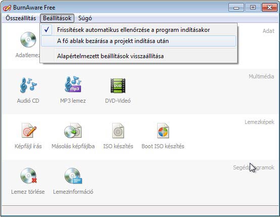 BurnAware Free alapértelmezések