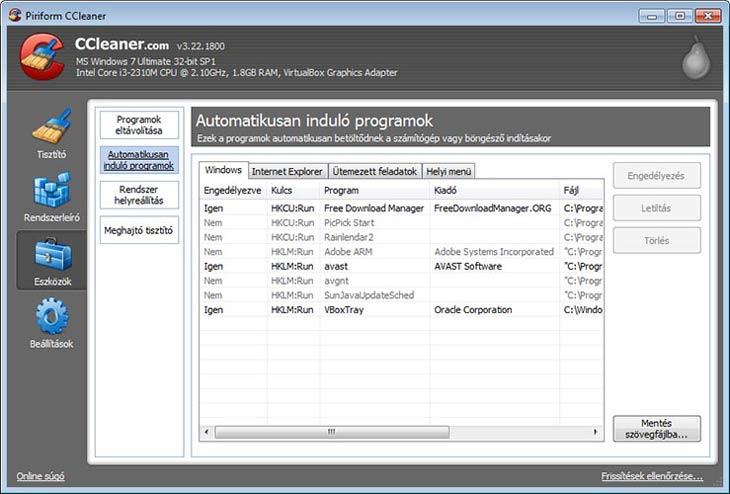 CCleaner automatikusan induló programok