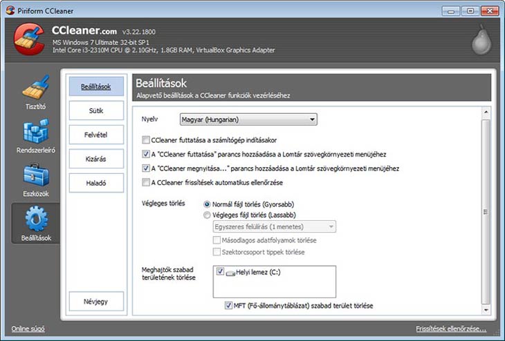 CCleaner beállítások