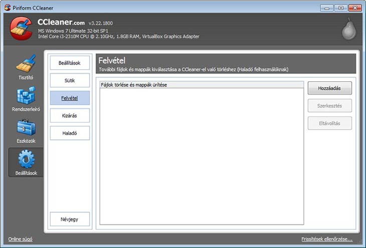 CCleaner fájlok, mappák