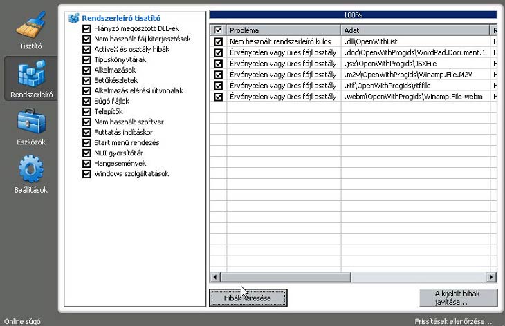 CCleaner rendszerleíró tisztító