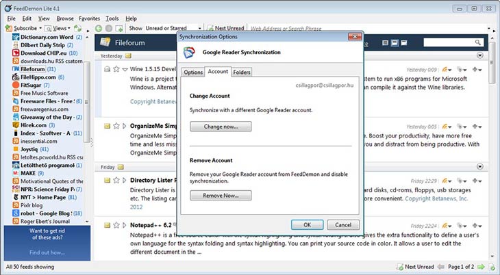 FeedDemon Google account