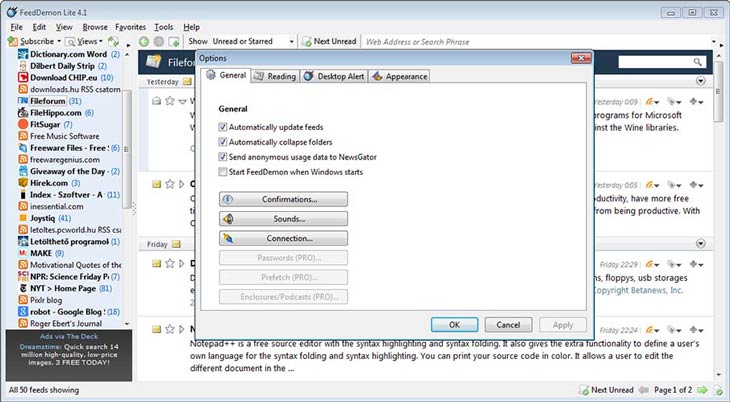 FeedDemon beállítások