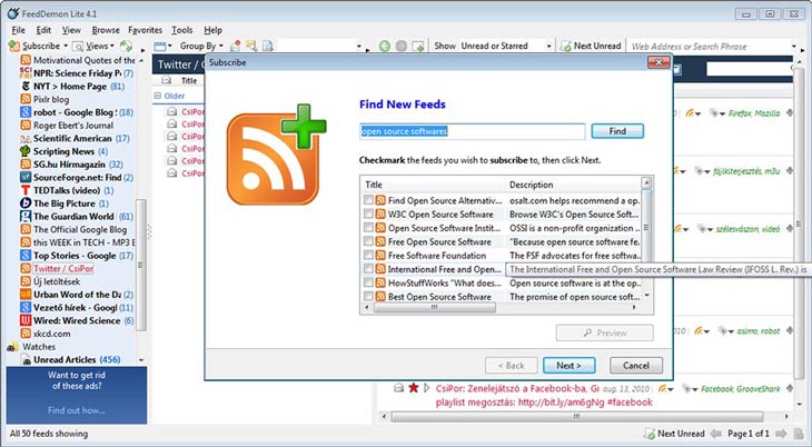 FeedDemon feed kereső