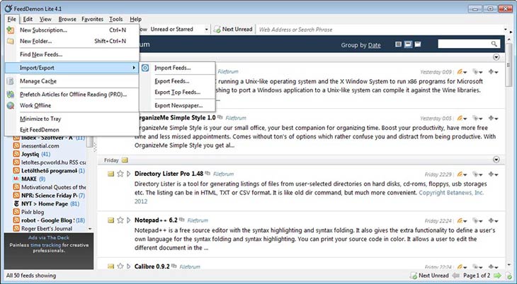 FeedDemon export, import