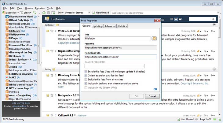 FeedDemon feed beállítás