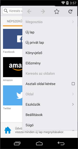 Firefox Android kezdőlap és menü