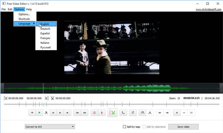 Free Video Editor nyelvek