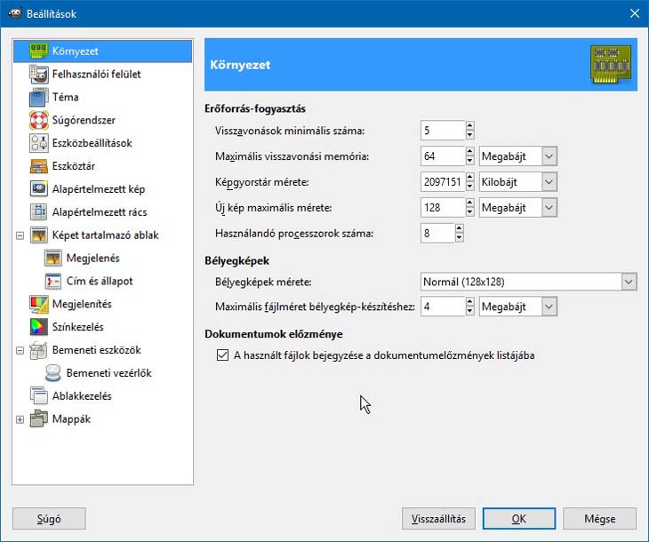 GIMP környezet beállítások