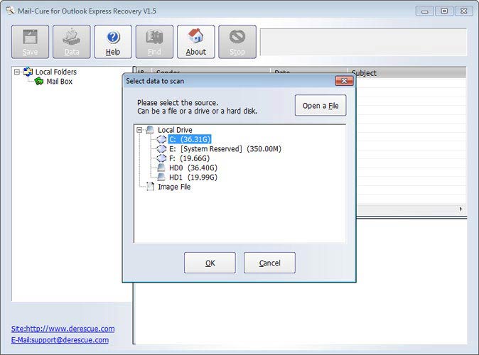 Mail-Cure for Outlook Express, lemez kiválasztása