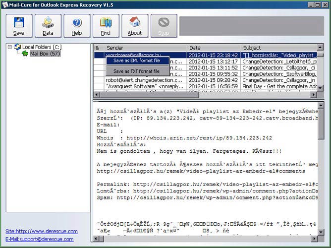 Mail-Cure for Outlook Express, mentés
