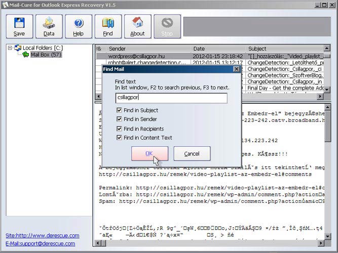 Mail-Cure for Outlook Express, keresés
