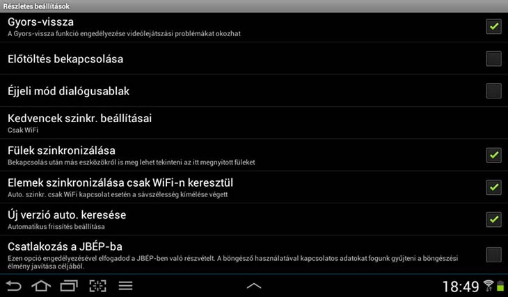 Maxthon for Android részletes beállítások